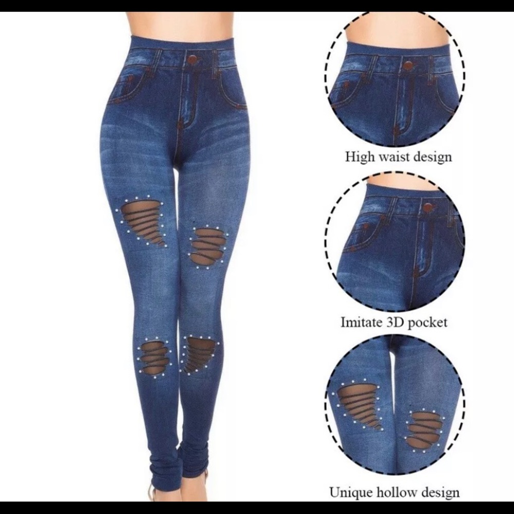 Jean look leggings NWOT Hot L